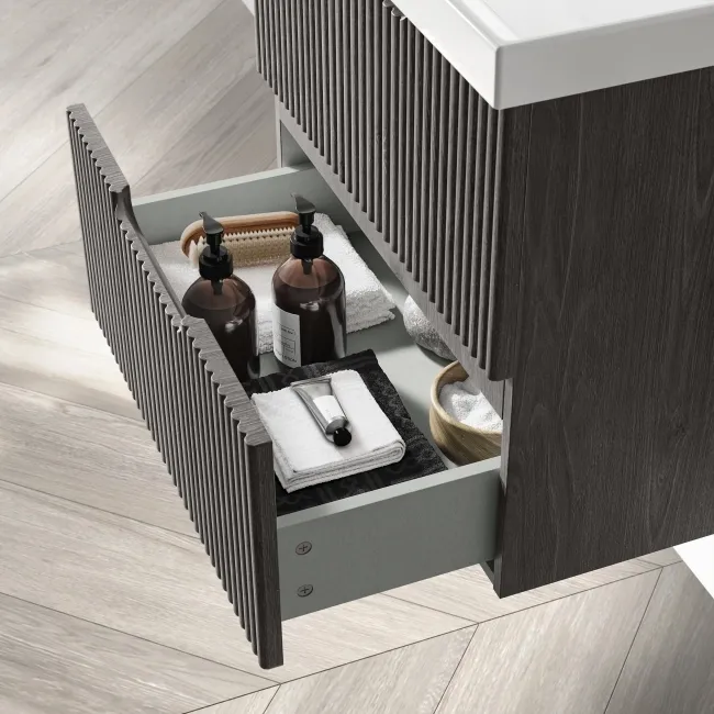 Crete Fluted Charcoal Elm Wall Hung Basin Drawer Vanity 600mm