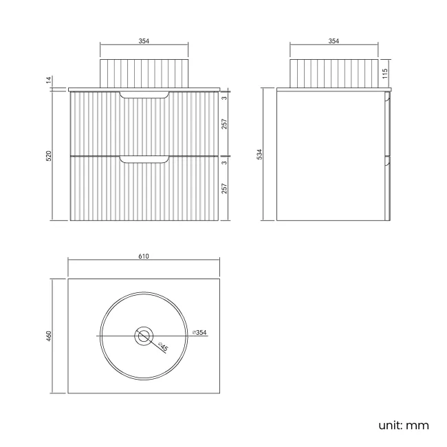 Crete Fluted Charcoal Elm Wall Hung Drawer Vanity with Marble Top & Nevis Basin 600mm