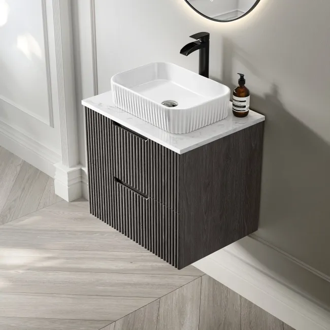 Crete Fluted Charcoal Elm Wall Hung Drawer Vanity with Marble Top & Reno Basin 600mm
