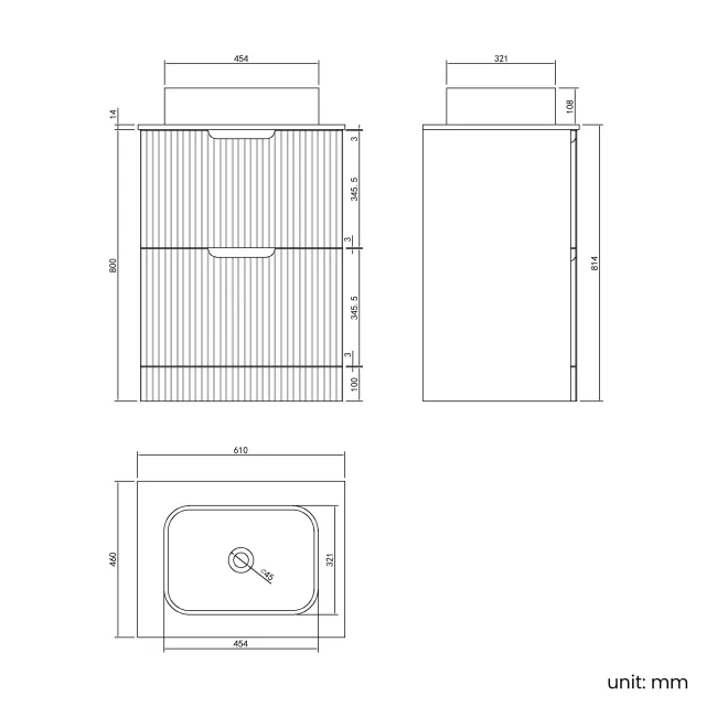 Crete Fluted Charcoal Elm Vanity Drawer with Marble Top & Marin Basin 600mm
