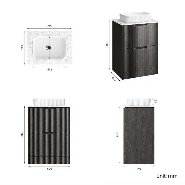 Crete Fluted Charcoal Elm Vanity Drawer with Marble Top & Reno Basin 600mm