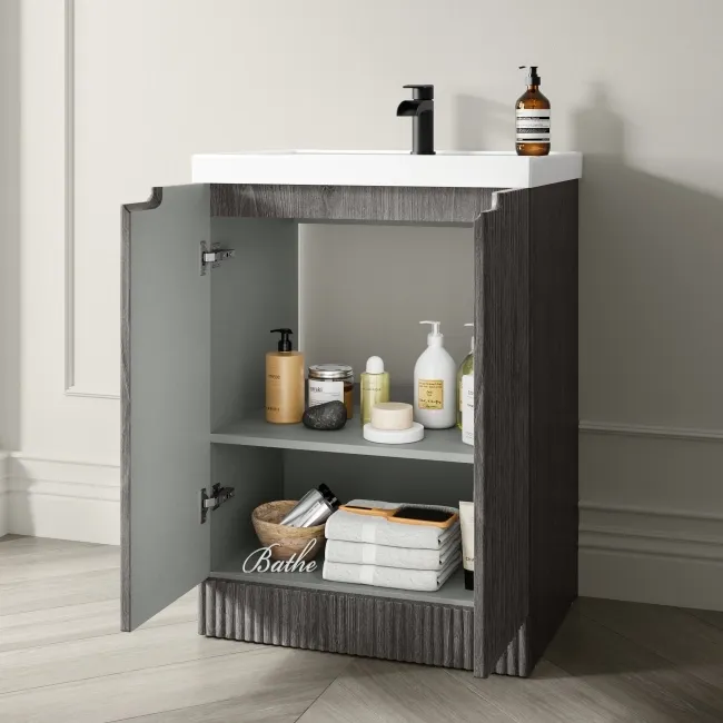 Crete Fluted Charcoal Elm Basin Vanity 600mm