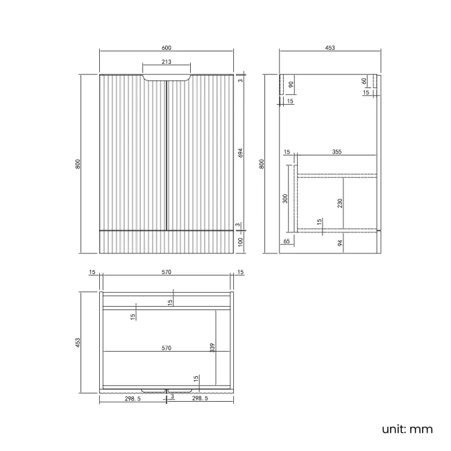 Crete Fluted Charcoal Elm Basin Vanity 600mm