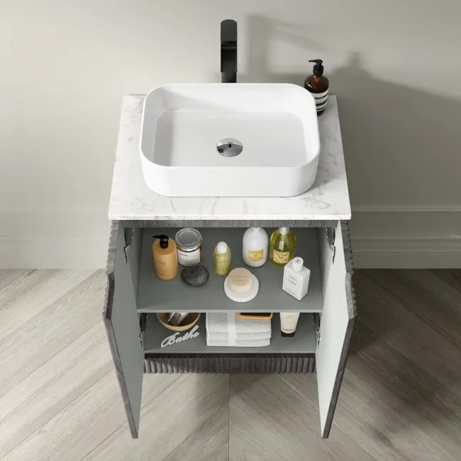 Crete Fluted Charcoal Elm Vanity with Marble Top & Marin Basin 600mm