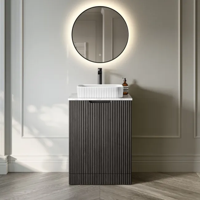 Crete Fluted Charcoal Elm Vanity with Marble Top & Reno Basin 600mm