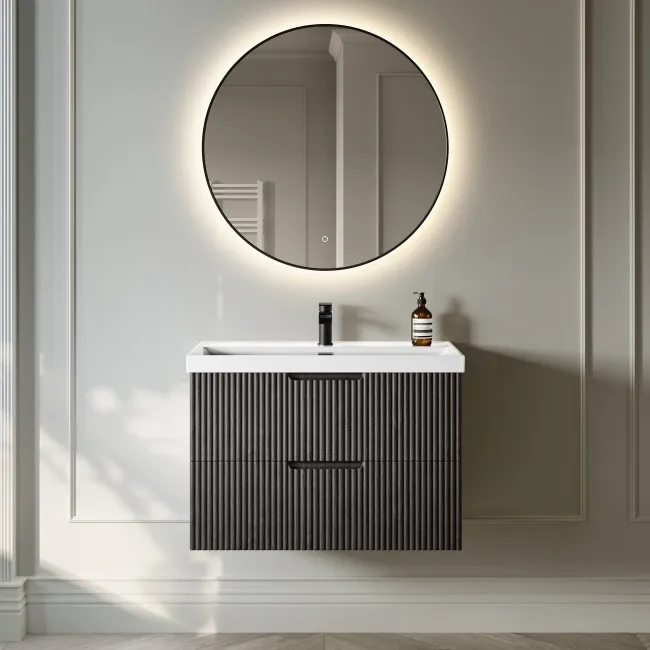 Crete Fluted Charcoal Elm Wall Hung Basin Drawer Vanity 800mm