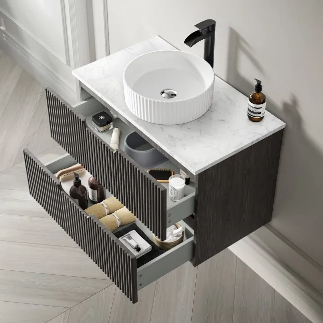 Crete Fluted Charcoal Elm Wall Hung Drawer Vanity with Marble Top & Nevis Basin 800mm