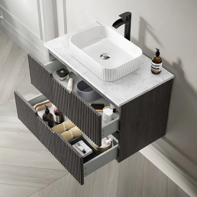 Crete Fluted Charcoal Elm Wall Hung Drawer Vanity with Marble Top & Reno Basin 800mm
