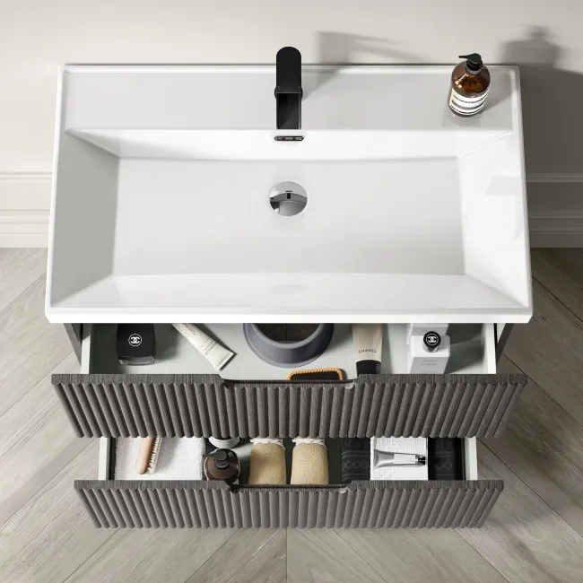 Crete Fluted Charcoal Elm Basin Vanity Drawer 800mm