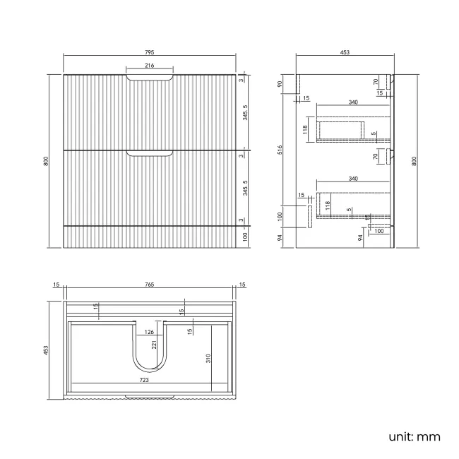 Crete Fluted Charcoal Elm Basin Vanity Drawer 800mm