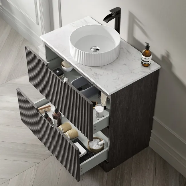 Crete Fluted Charcoal Elm Vanity Drawer with Marble Top & Nevis Basin 800mm
