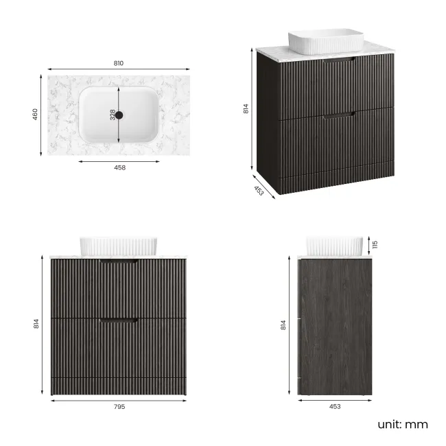 Crete Fluted Charcoal Elm Vanity Drawer with Marble Top & Reno Basin 800mm