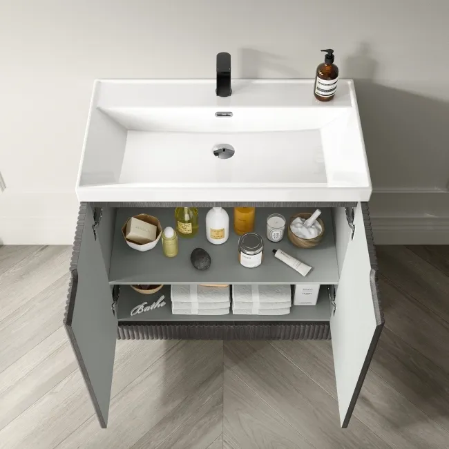 Crete Fluted Charcoal Elm Basin Vanity 800mm