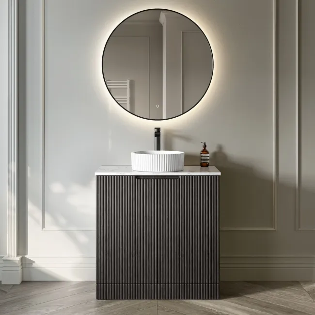 Crete Fluted Charcoal Elm Vanity with Marble Top & Nevis Basin 800mm