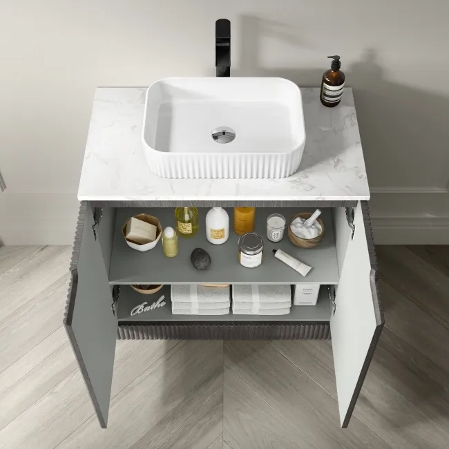 Crete Fluted Charcoal Elm Vanity with Marble Top & Reno Basin 800mm