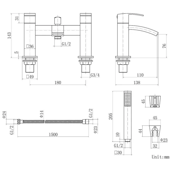 Welland Matt Black Basin & Shower Bath Mixer Tap Set