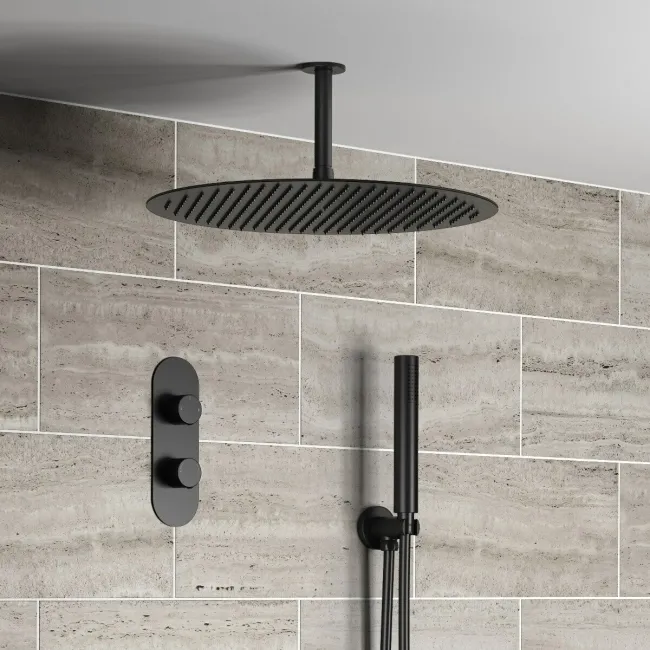 Ballina Premium Ceiling Matt Black Round Thermostatic Shower Set - 400mm Head & Hand Shower