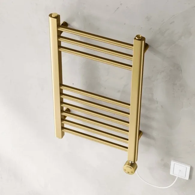Barcelona Electric Brushed Brass Straight Heated Towel Rail 650x400mm