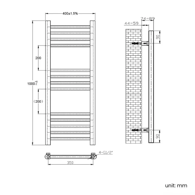 Barcelona Electric Brushed Brass Straight Heated Towel Rail 1000x400mm