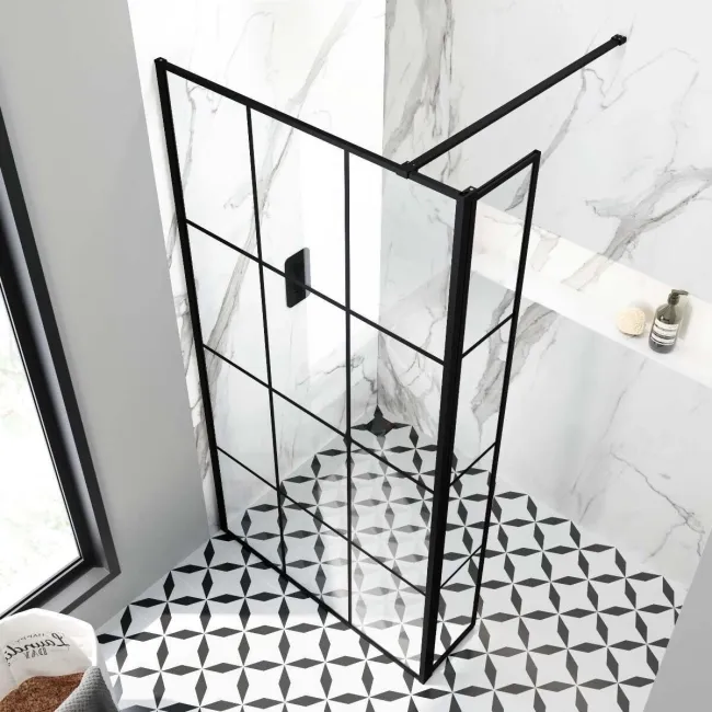 Munich Matt Black Grid 8mm Wet Room Shower Glass 900mm & 250mm Pivotal Return Panel