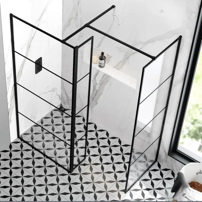 Munich Matt Black Grid 8mm Walk In Shower Enclosure 900mm & 700mm Glass with Pivotal Return Panel