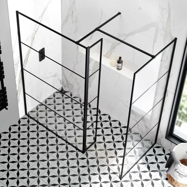 Munich Matt Black Grid 8mm Walk In Shower Enclosure 1200mm & 900mm Glass with Pivotal Return Panel