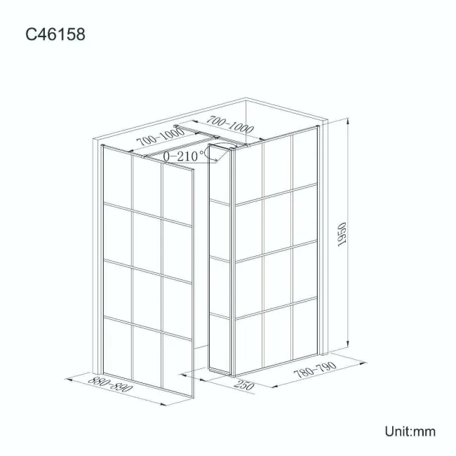 Munich Matt Black Grid 8mm Walk In Shower Enclosure 800mm & 900mm Glass with Pivotal Return Panel