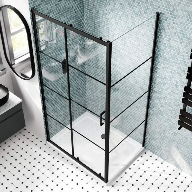 London Matt Black Grid 6mm Sliding Shower Enclosure 1000x800mm