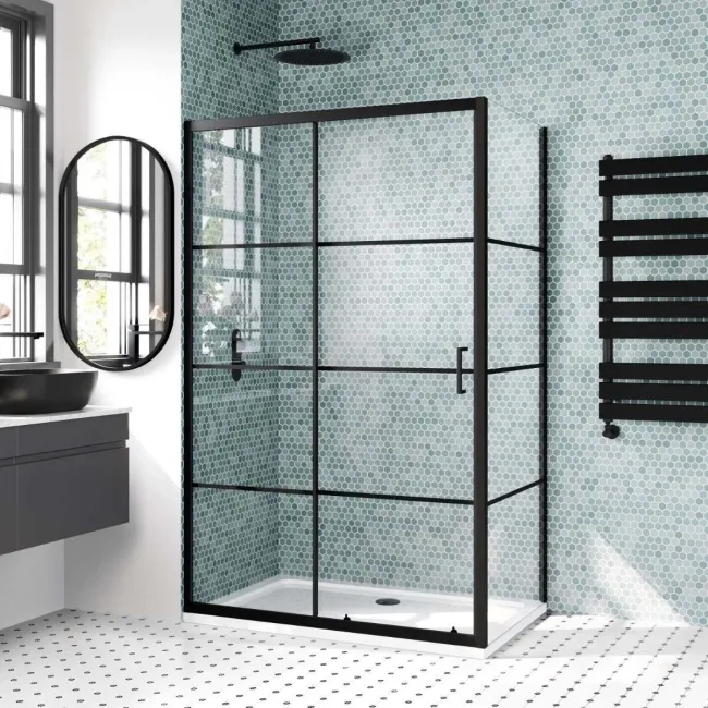 London Matt Black Grid 6mm Sliding Shower Enclosure 1200x800mm