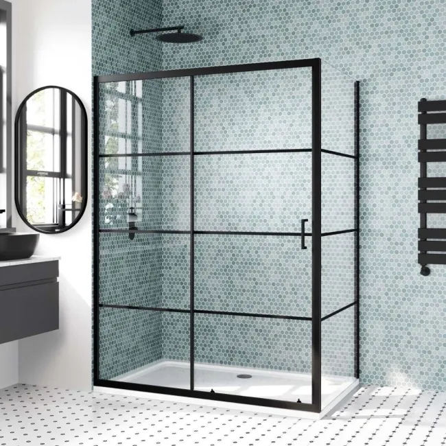 London Matt Black Grid 6mm Sliding Shower Enclosure 1400x900mm