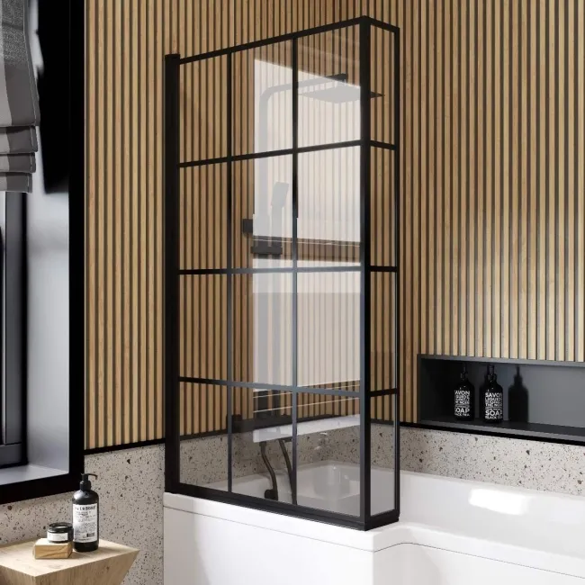 Zurich Easy Clean Matt Black Grid L Shaped Bath Screen - 800mm