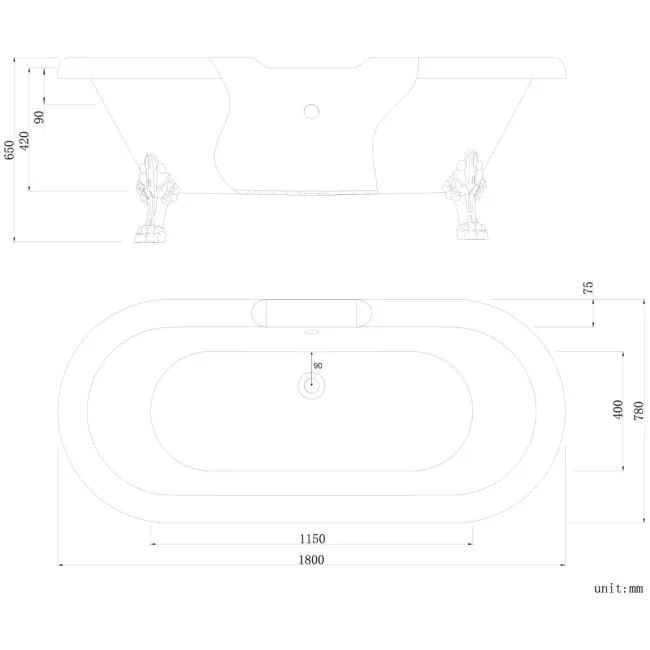 Grosvenor 1800mm Roll Top Bath - Chrome Claw Feet