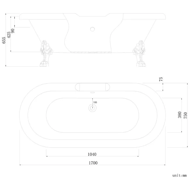 Grosvenor 1700mm Roll Top Bath - Black Claw Feet