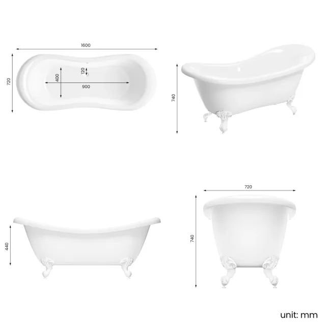 Tonbridge 1600mm Roll Top Bath - White Ball Feet