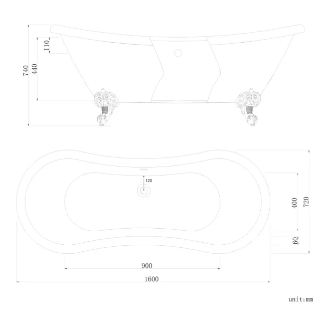 Tonbridge 1600mm Roll Top Bath - Black Ball Feet