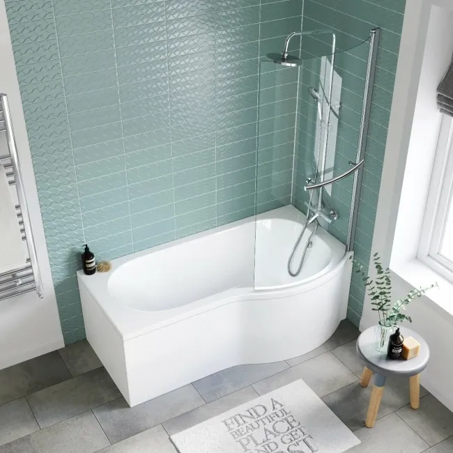 P Shaped 1600 Shower Bath with Front Panel & 4mm Screen with Rail - Right Handed