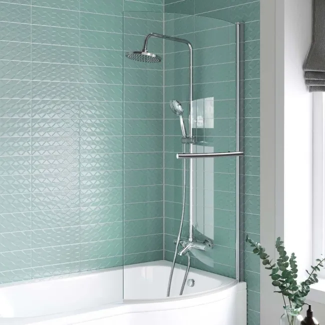 P Shaped 1600 Shower Bath with Front Panel & 4mm Screen with Rail - Right Handed