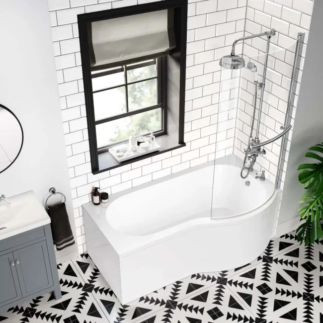 P Shaped 1600 Shower Bath with Front Panel & 6mm Easy Clean Screen with Rail - Right Handed