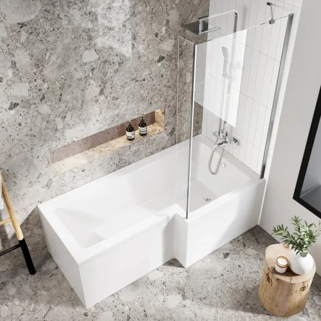 L Shaped 1700 Shower Bath with Front Panel & 4mm Fixed Screen - Right Handed