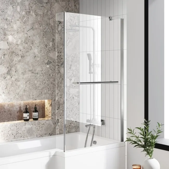 L Shaped 1700 Shower Bath with Front Panel & 4mm Fixed Screen with Rail - Right Handed