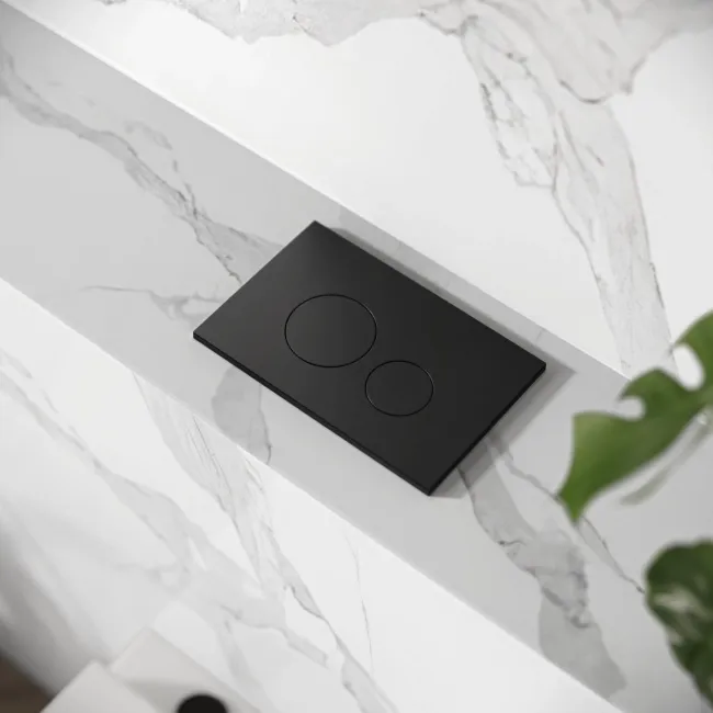 Idaho Pneumatic Compact Top & Front Wall Hung Toilet Frame and Concealed Cistern with Matt Black Flush Plate - Round Buttons