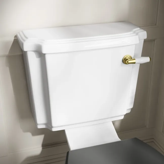 Hudson Traditional Close Coupled Toilet With Graphite Grey Wooden Seat - Brushed Brass Lever