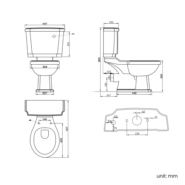 Hudson Traditional Close Coupled Toilet With Midnight Green Wooden Seat - Brushed Brass Lever