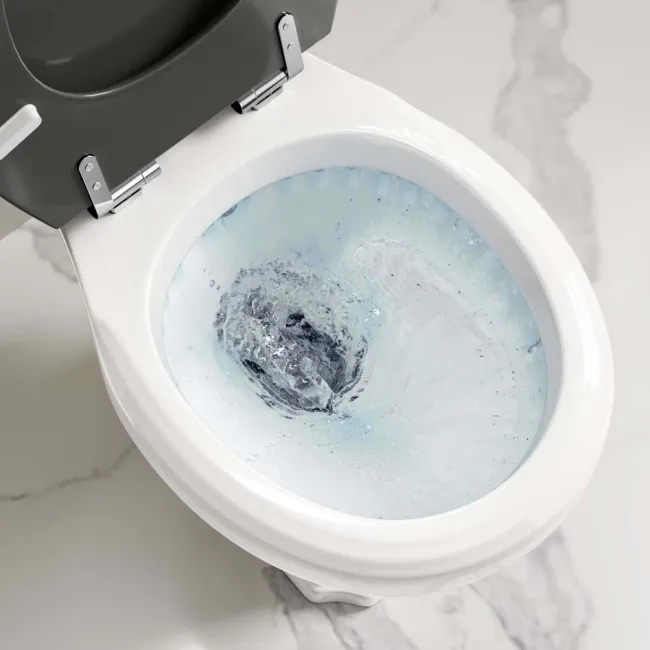 Hudson Traditional High-Level Toilet With Inky Blue Seat & Pedestal Basin - Double Tap Hole