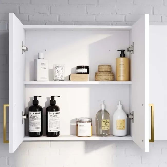 Harper Gloss White Wall Hung Cabinet 600x600mm - Brushed Brass Accents