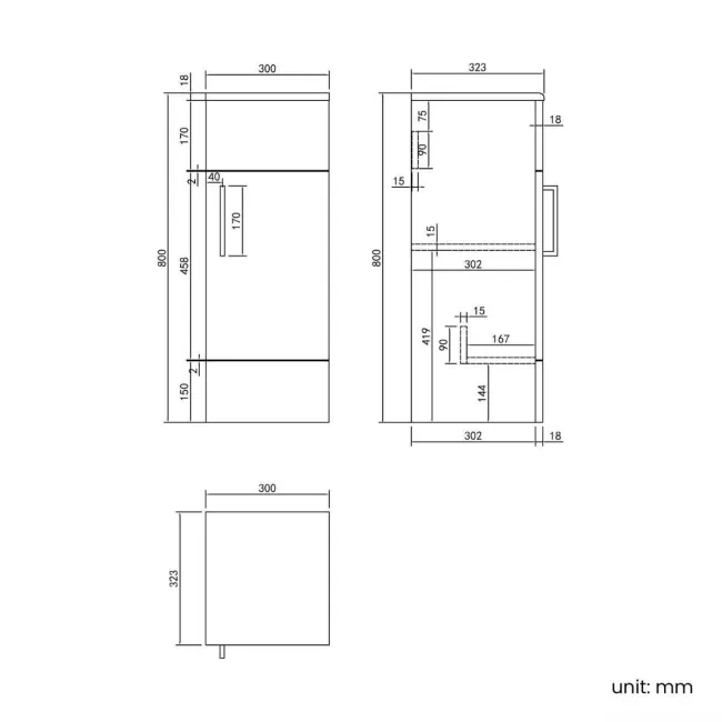 Harper Stone Grey Side Cabinet Unit 300mm - Brushed Brass Accents