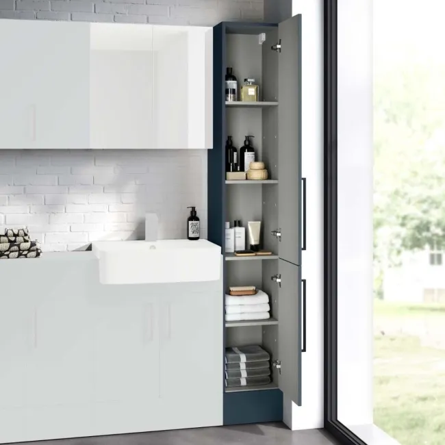 Harper Navy Blue Floor Standing Tall Cabinet 1900x300mm - Black Accents  