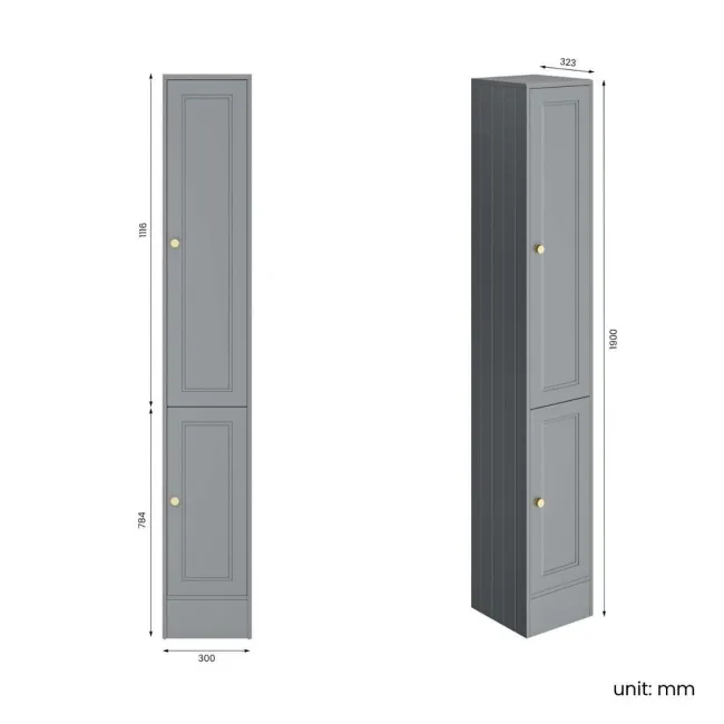 Monaco Dove Grey Floor Standing Tall Cabinet Unit 1900x300mm - Brushed Brass Accents