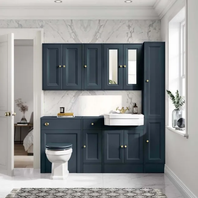 Monaco Inky Blue Side Cabinet Unit 300mm - Brushed Brass Accents