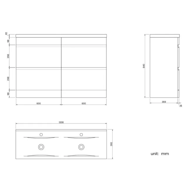 Trent Stone Grey Double Basin Drawer Vanity 1200mm